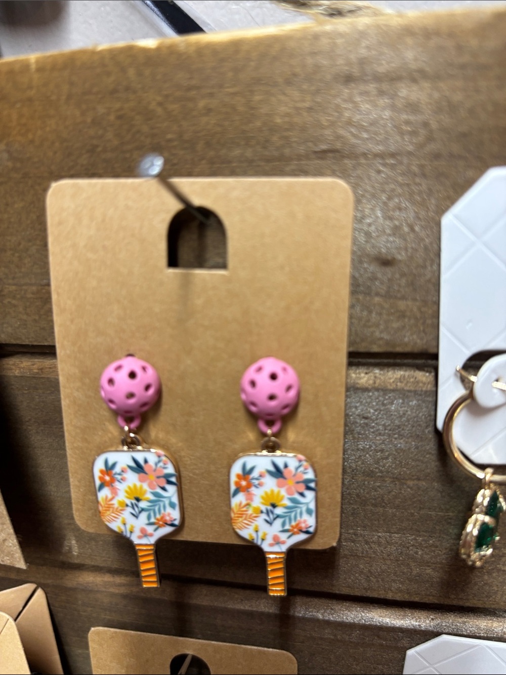 Pink Floral Paddle Drop Earrings with Orange Accents